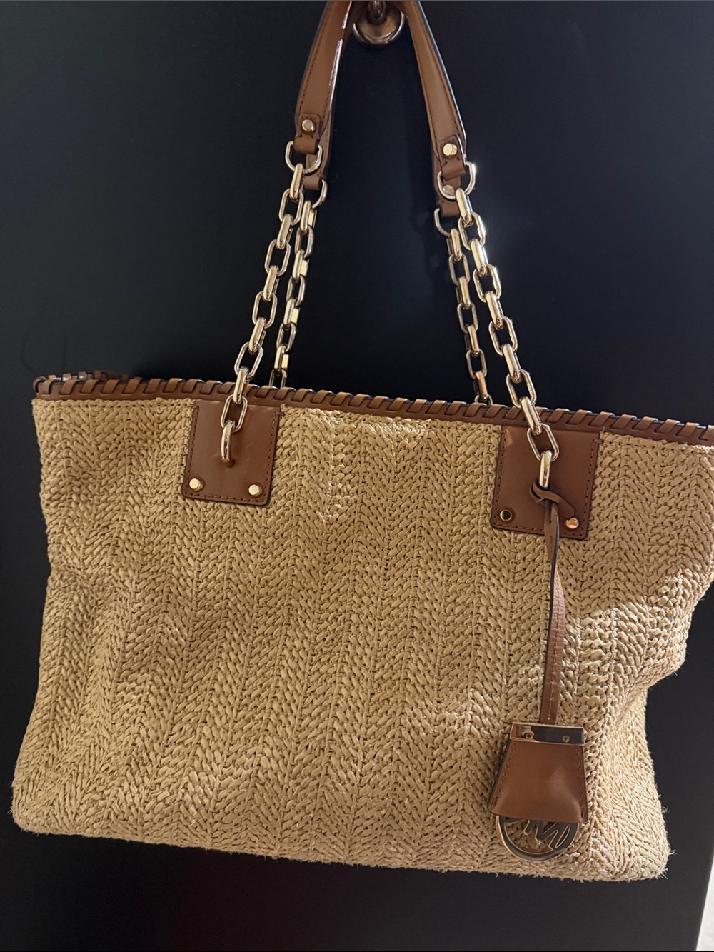 Michael Kors Straw Tote with Brown Leather Trim and Gold Chains